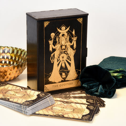 Dark Tarot Light and Shadow Tarot Card Box with Metallic Gold Detailing